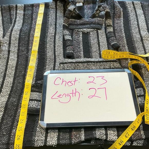 Earthbound Baja Hoodie Black Gray Stripe Woven Pullover Size L Boho Surf Hippie - Picture 7 of 8